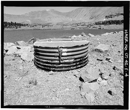 HAER photo of corrugated steel cover over outlet gate valve, looking north at East Timothy Lake, July 1985