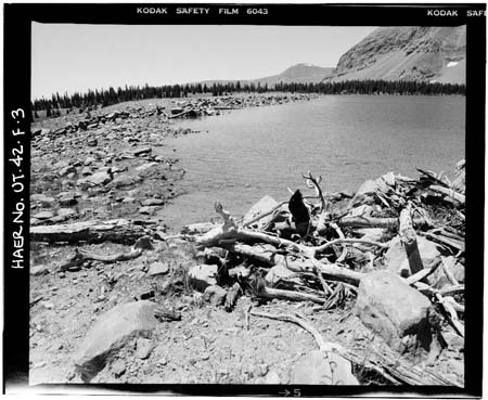 HAER photo of upstream face of East Timothy Lake Dam, spillway in background, July 1985